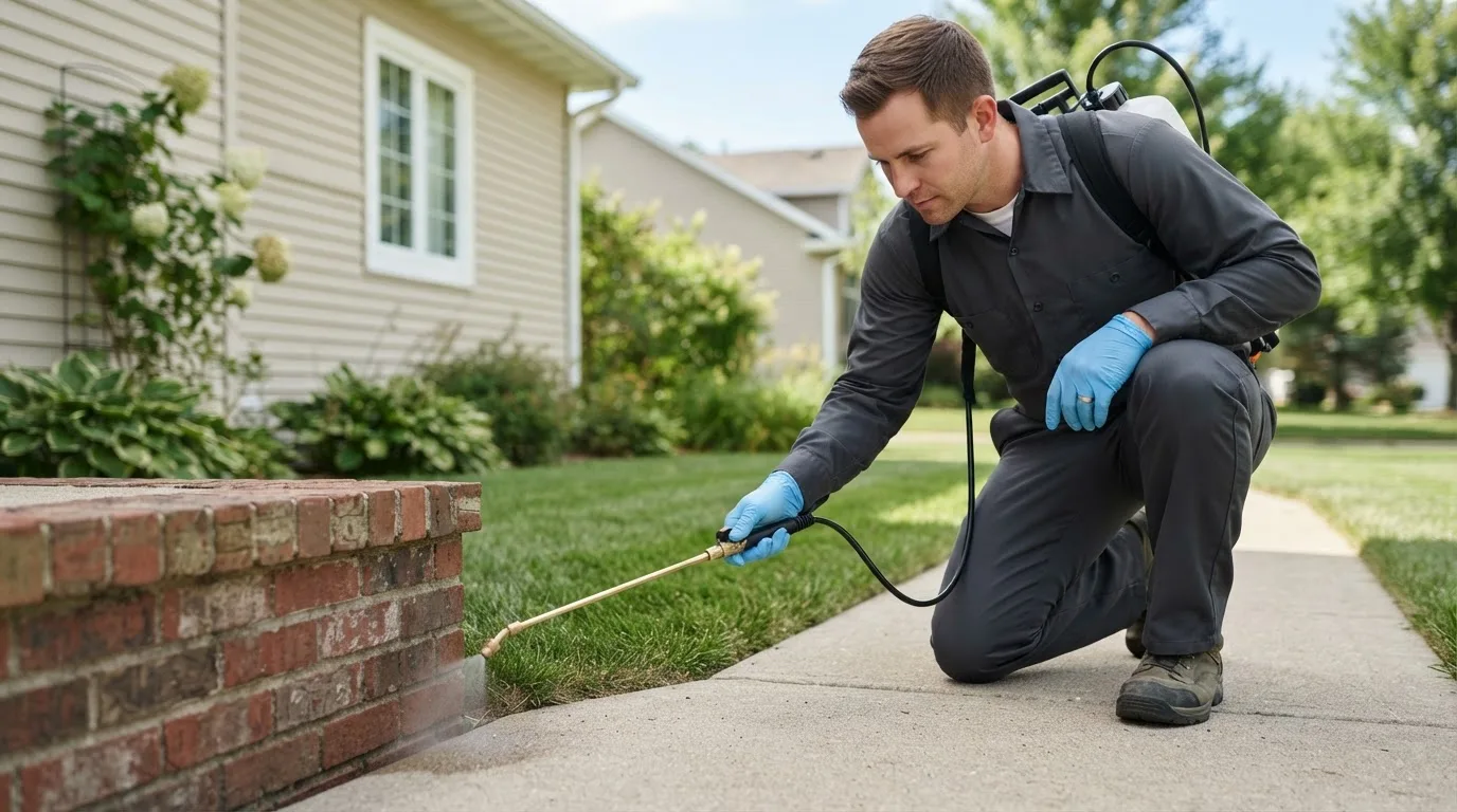 Pest control technician treating a home near Elyria, NE