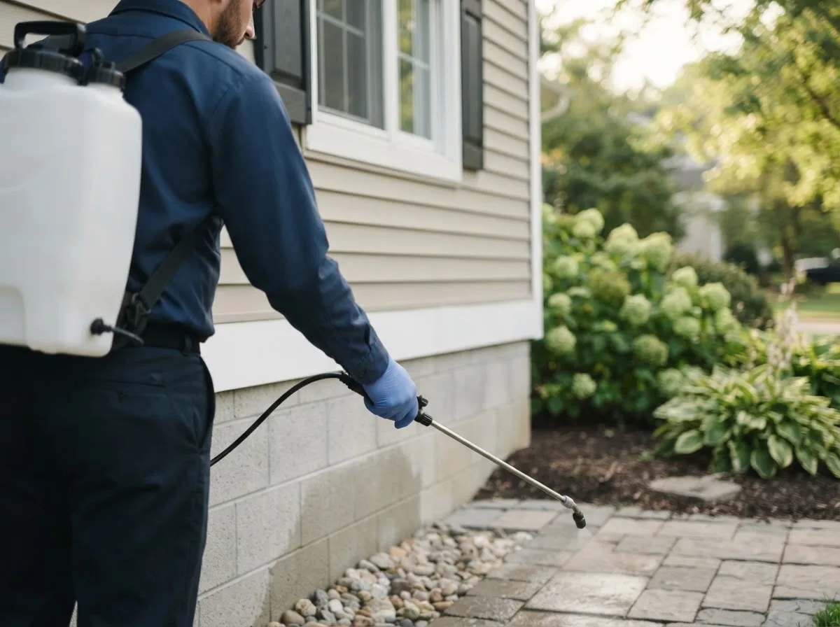Pest control technician inspecting a home in Elyria, NE